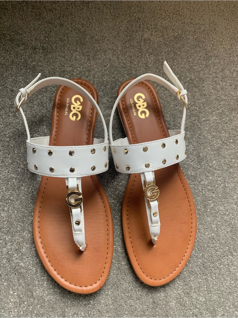 GBG Los Angeles White Sandal with Gold Studs and Logo